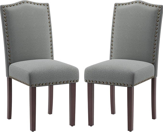 COLAMY Grey Upholstered Parsons Dining Chairs Set of 2,Comfortable Foam Seat, Classic Nailhead Trim, Solid Wood Legs, Stable & Easy to Assemble for Dining Room, Kitchen, Living Room & Café