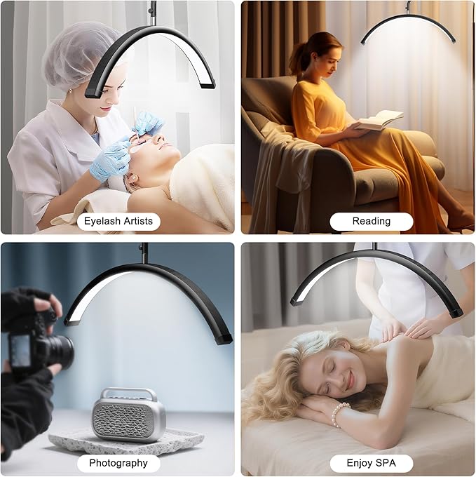 AURELLE Half Moon Lash Light - Adjustable LED Floor Lash Lamp with 4X Magnifier & Phone Holder for Eyelash Extensions,Nail Art,Tattoo,Skincare,Salon SPA-Dimmable Brightness,Rotating Head, Black