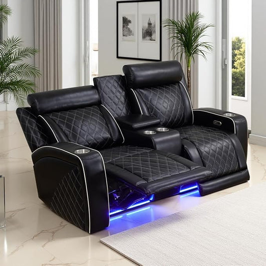 Power Recliner Loveseat, Living Room Furniture Sets, Breathing Leather Reclining Couch in 2 Seat, Luxury Reclining Loveseat Sofa with Cupholders/Storage/Charging for Home Theater/Office, Black