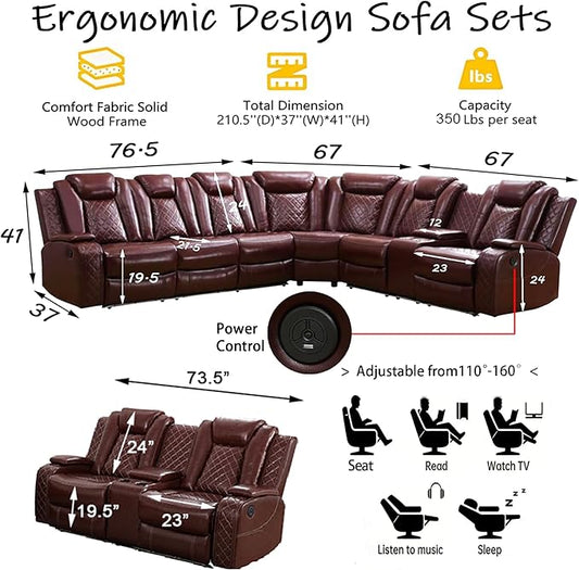 Power Reclining Sectional Sofa with LED, Leather Recliner Couch for Living Room/Home Theater, Sectional Reclining Couches with USB Port/Hide-Away Storage