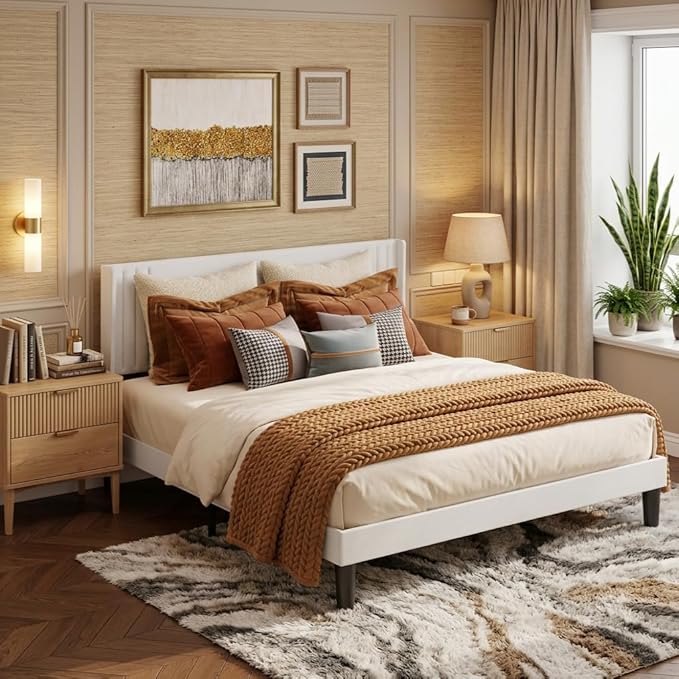 Gizoon Queen Bed Frame, Upholstered Platform Bed with Wingback and Modern Geometric Headboard, Wooden Slats, Noise-Free, No Box Spring Needed
