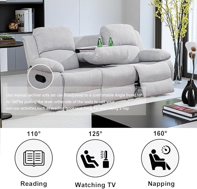 Manual Reclining Sofa Modern Fabric Reclining Sofa Couch in 3 Seats Living Room Couch with Cup Holders & Drop Down Table for Living Room/Office/Rv Car (Grey White, 3 Seater Sofa)