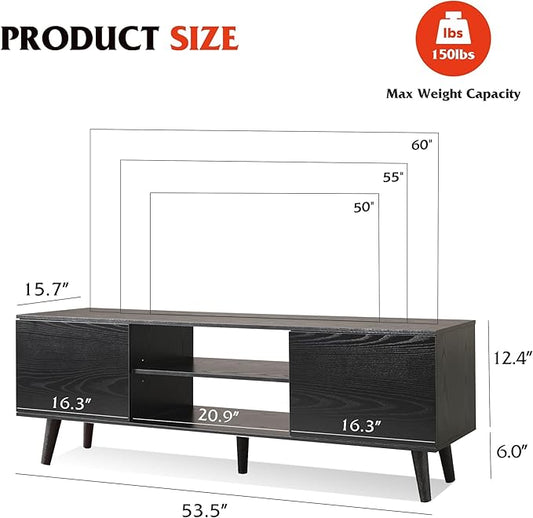 WLIVE Mid-Century Modern TV Stand for 55/60 Inch TV, Entertainment Center with Storage & Adjustable Shelves, Media Console with Soft-Close Cabinets for Living Room/Bedroom, Black