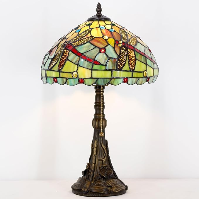 Tiffany Table Lamp Stained Glass Lamp 12X12X19 Inch Antique Reading Light (Green Red Dragonfly)