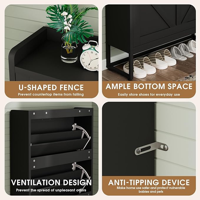 Shoe Cabinet, Shoe Storage Cabinet with 2 Flip Drawers & Adjustable Shelf, Space-Saving Shoe Organizer – Holds 16+ Pairs, Narrow Shoe Cabinet Storage for Entryway/Hallway（Black）