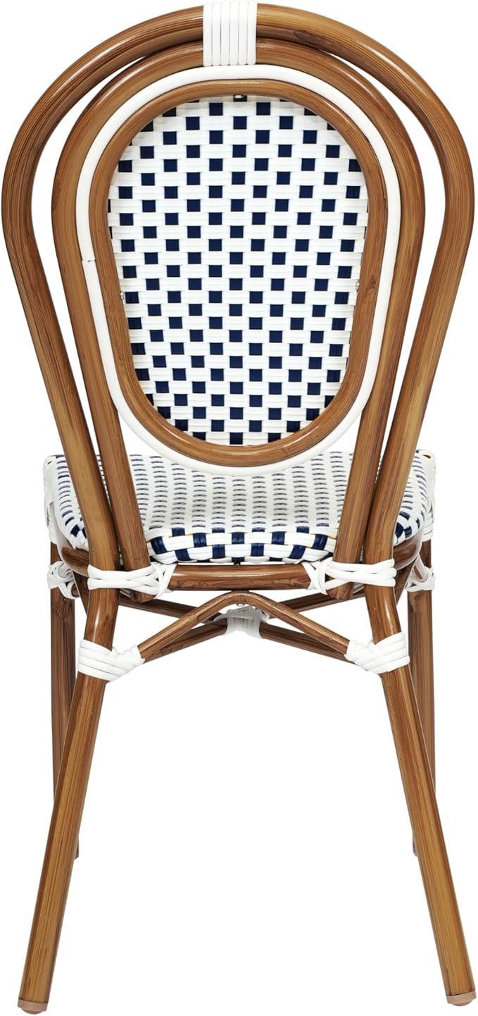 Flash Furniture Lourdes Indoor/Outdoor Commercial Thonet Bistro Stack Chair - White/Navy PE Rattan Back and Seat - Natural Bamboo Print Metal Frame - Set of 4