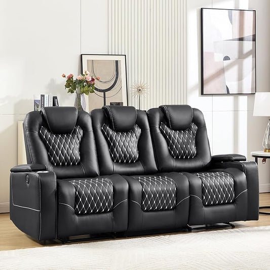 ANJ Recliner Sofa,Power Reclining Couch with USB Ports and Cup Holders - Overstuffed Electric Living Room Seating PU Leather Recliner Sofa Set with Hidden Arm Storage, Easy to Clean (Black)