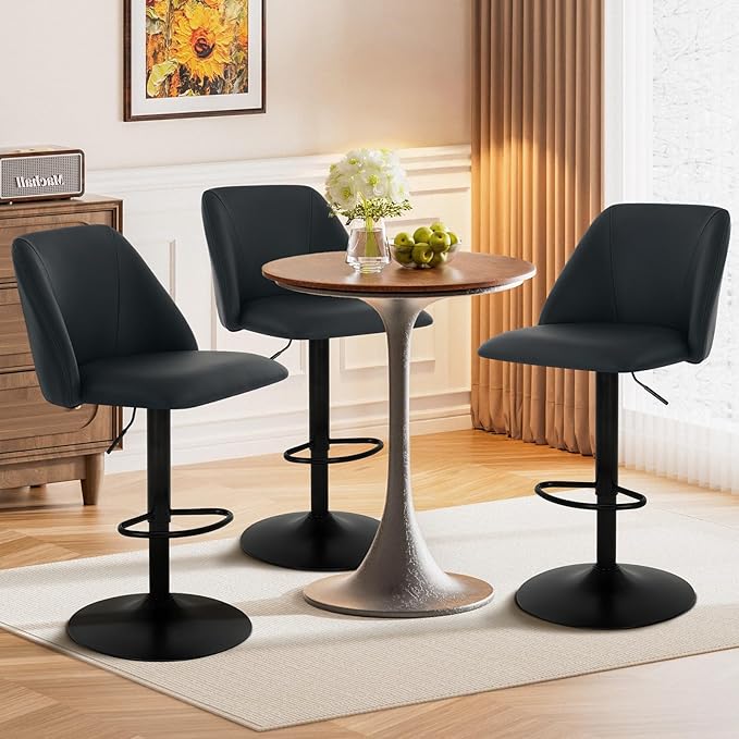 COLAMY Adjustable Bar Stools, Modern PU Leather Bar Chairs with Curved Mid-Back, 360° Swivel Counter Height Stools with Footrest & Sturdy Base for Kitchen Island, Dining Room, Home Bar,Set of 4