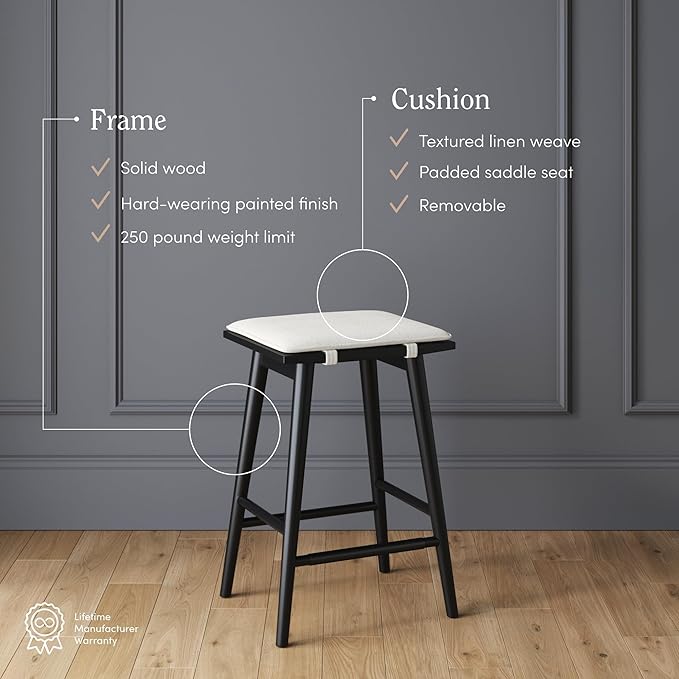 Nathan James Barker Counter Height Wood Barstool with Upholstered Cushion, Backless Island Stool for Kitchen, Black/White, Set of 4