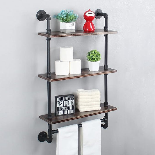 MBQQ Iron Pipe Shelves Industrial Bathroom Shelves with Towel bar,24in Rustic Metal Pipe Floating Shelves Pipe Wall Shelf,3 Tier Industrial Shelf Wall Mounted,Retro Black