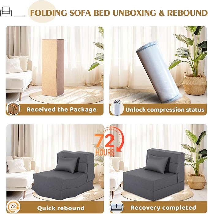 Fvkind Folding Sofa Bed, Foldable Sleeper Chair with Pillow, Convertible Fold Out Chair Bed with Washable Cover, Foldable Mattress for Living Room, Bedroom, Guest Room, Single Size, Dark Grey