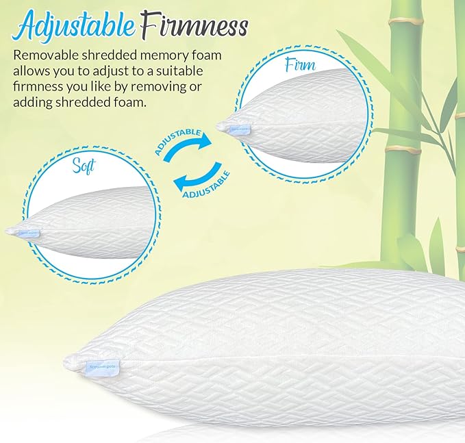 Queen Size Rayon Derived from Bamboo Pillows, Cooling Shredded Memory Foam Bed Pillow Sets for Side, Back, Stomach Sleepers, Adjustable, Washable Cover, Queen (Pack of 1)