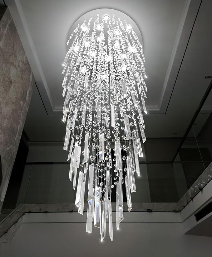D40'' x H120'' Crystal Chandelier High Ceiling Chandeliers for Entryway Large Raindrop Chandeliers LED Dimmable Flush Mount Light Fixtures for Staircaes Foyer Hallway Living Room Bulbs Included Silver