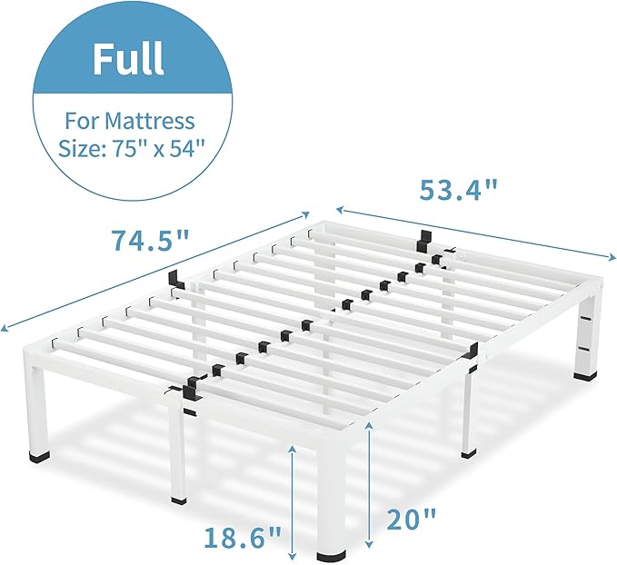 20 Inch Full Size White Bed Frame, 3500Lbs Heavy Duty Metal Platform with Round Corner Legs Mattress Slide Stopper, Steel Slat Support No Box Spring Needed, Noise Free, Non-Slip, Easy Assembly