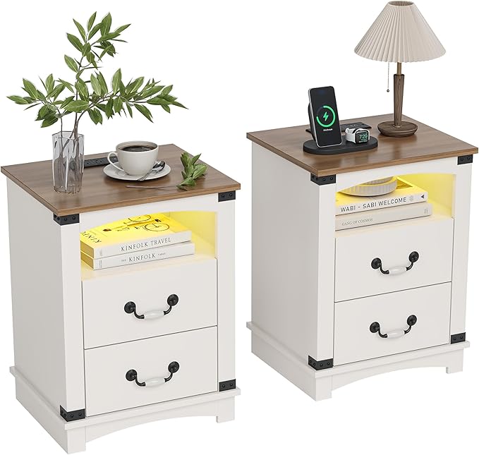 Maupvit Farmhouse Nightstands Set of 2 with Charging Station & Ceramic Handle, Wood Night Stand with 2 Storage Drawers, LED End Tables Living Room, Bedside Table for Bedroom, Antique White
