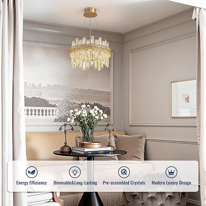 Luxury Crystal Chandeliers for Dining Room,14.9“ Gold K9 Crystal Chandelier,Adjustable Pendant Ceiling Light Fixture with Leaf-Edge for Living Room Foyer Entryway (Brass Gold 3, D15 H10)
