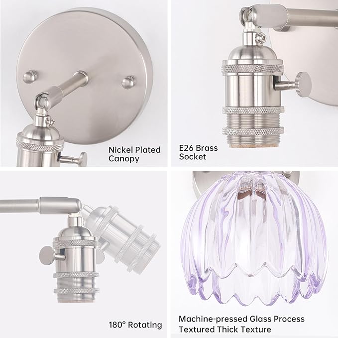 Vintage Wall Sconce Set of 2 - Rechargeable Battery Powered with Remote Control, Translucent Purple Tulip Glass Shade (5000mAh) for Bedroom/Doorway