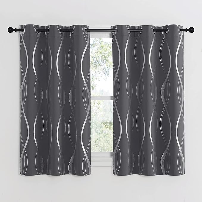 NICETOWN Small Blackout Grey Cafe Curtain Panels for Kitchen, Set of 2, 34 by 54 Inch, Window Treatment Thermal Insulated Solid Grommet Sun Block Wave Line Foil Print Design Drapes for Loft Basement