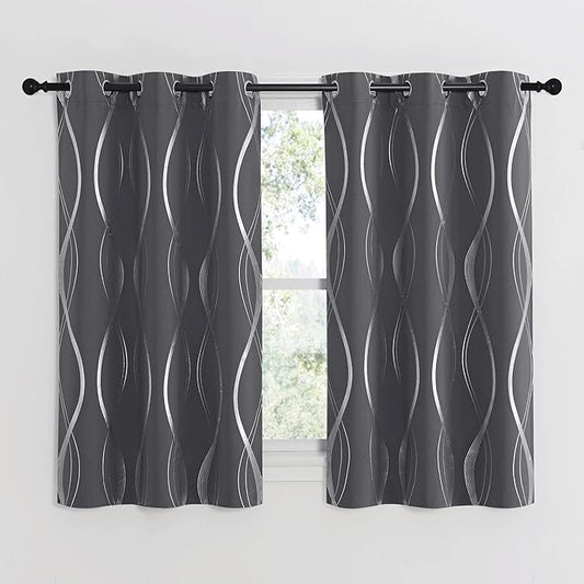 NICETOWN Small Blackout Grey Cafe Curtain Panels for Kitchen, Set of 2, 34 by 54 Inch, Window Treatment Thermal Insulated Solid Grommet Sun Block Wave Line Foil Print Design Drapes for Loft Basement