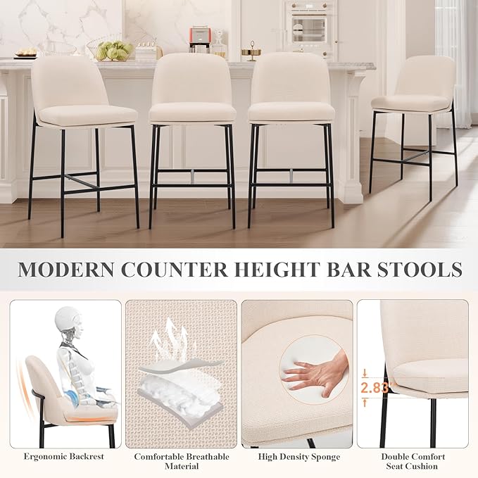 Bar Stools Set of 6, Modern Upholstered Counter Height Bar Chairs with Cushioned Seat and Curved Back, Fabric Kitchen Island Stools with Sturdy Metal Legs for Dining Room Island Bar, Beige