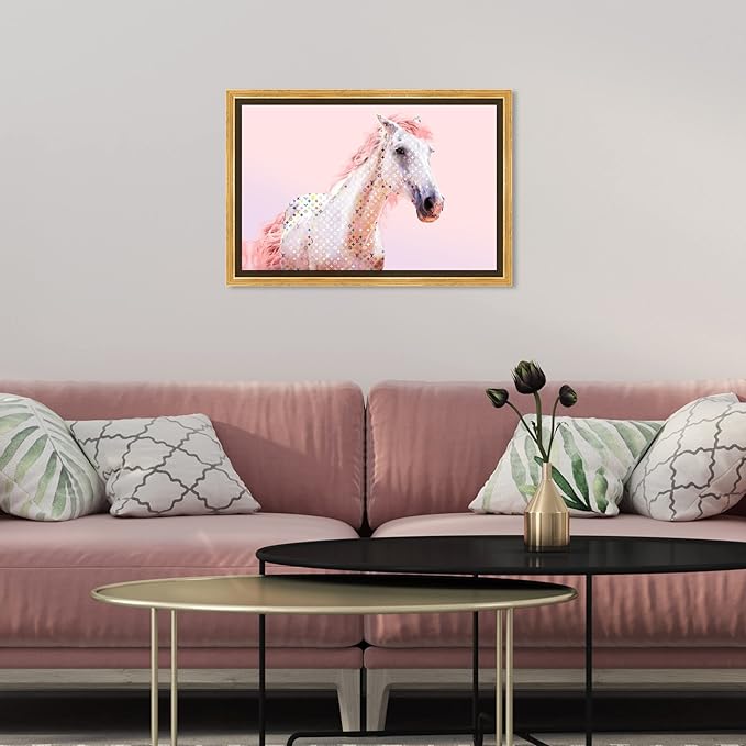 Country Farmhouse Canvas Print Painting Animal Wall Art 'Pink Glam Horse' Gold Framed Canvas Rustic Home Décor 15x10 in Pink, White by Oliver Gal