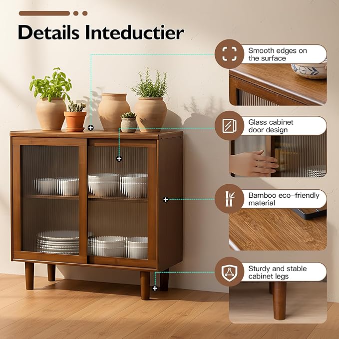 Tiita Bamboo Sideboard Buffet Cabinet, Rattan Kitchen Storage Cabinet, Boho Coffee Bar Tables for Kitchen Living Room Hallway Office, Walnut