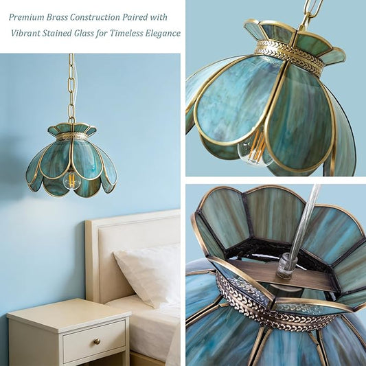 Brass Glass Ceiling Pendant Light, Hanging Chain lamp, with Vintage Lotus Flower Blue Green Glass Shade for Kitchen Island Dining Room Bedroom Living Room-7.9" Shade