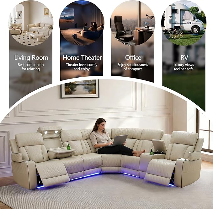Power Leather Recliner Sectional Sofa with LED Light,L Shaped Reclining Couch with USB Charger/Cup Holder/Storage,Leather Sofa for Living Room Furniture Sets(Beige,Sectional)