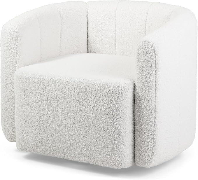 KOMFOTT Swivel Barrel Chair, Sherpa Fabric Accent Chair with Curved Backrest & Armrests, Upholstered Armchair with Wide Seat, Pumpkin Shaped Single Sofa Chair for Living Room, Bedroom, White