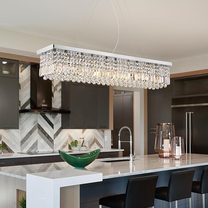 Siljoy Modern Rectangular Crystal Chandelier, 47" Rectangle Raindrop Hanging Ceiling Pendant Light Fixture Adjustable Height for Kitchen Island Dining Room, Polished Chrome Finish, L47 x W10 x H10