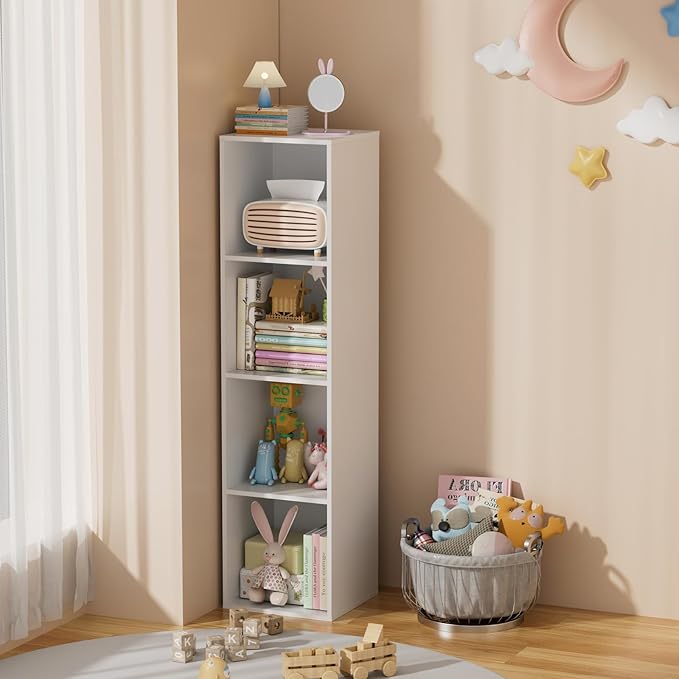 4 Tier Bookshelf, Freestanding Corner Storage Shelve Book Case for Narrow Space, 4 Cube Storage Organizer Small Bookcase for Home Office Living Room (White, 4 Cube)