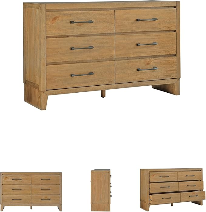 Signature Design by Ashley Sherbana Casual 6-Drawer Dresser with Safety Stop and Felt-Lined Top Drawers, Light Brown