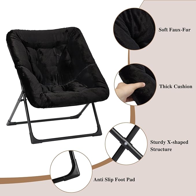 Comfy Saucer Chair for Adults, Soft Faux Fur Bedroom Chair, Accent Dorm Chairs, Flexible Living Room Reading Chairs, Oversized Folding Seat for Teens, X-Large, Black