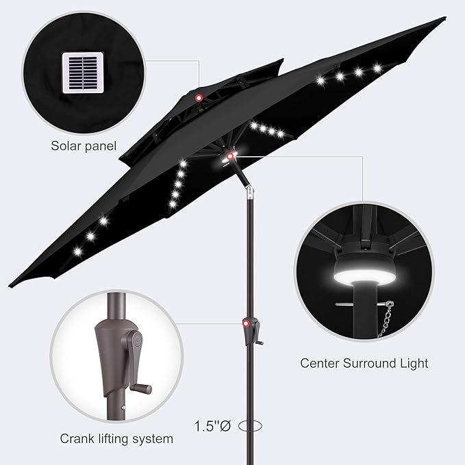 9FT Solar Umbrella Outdoor - 2-Tier Lighted Solar Patio Umbrella with 40 LED Lights Waterprool UV Protection, Table Umbrella with Tilt for Pool, Porch, Garden, Backyard (Black)