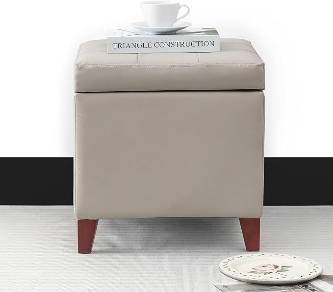 Adeco 18" Square Storage Ottoman, Premium Faux Leather Lift-Top Footrest & Coffee Table, Modern Upholstered Cube with Sturdy Wood Legs, Extra Seat for Living Room, Bedroom - Elephant Grey