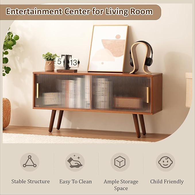 Bamboo TV Stand Entertainment Center, Mid-Century Modern Television Stand for 50-55 inch TVs, Rustic Brown Media Console Table, Open Storage Shelves for Living Room, Bedroom and Home Decor