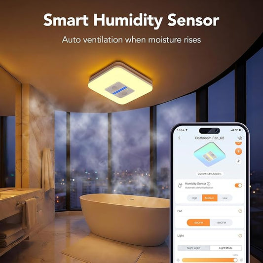 OREiN Matter Smart Bathroom Fan with Light – Humidity Sensor & Dual Bluetooth Speakers, 130–160 CFM Ventilation, Ultra-Quiet 1.0 Sone, Tunable White & Custom RGB, Works with Alexa & Google Home