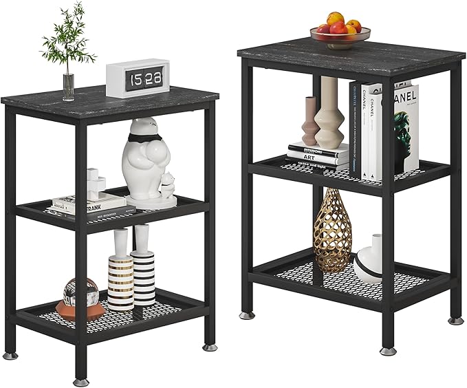 VECELO Tall End Side Tables, 30" Height Nightstand with 3-Tier Storage Shelf for Bedroom Living Room, Easy Assembly,Industrial Style, Carbon Grey