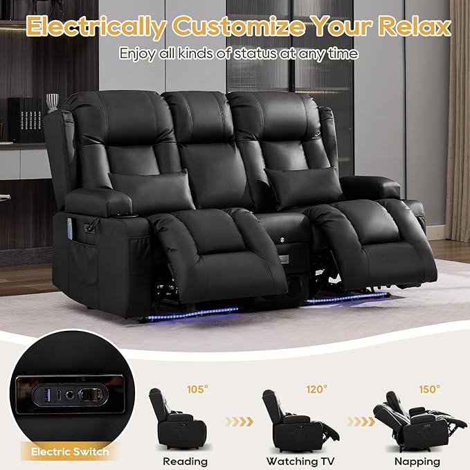 IPKIG Power Recliner Sofa with Flip-Up Backrest Console, USB & USB-C Ports, AC Outlet, LED Lights, Wall Hugger Recliners for Living Room, RV (Midnight Black, 67" - 3 Seat) | Breathable Leather, Zero Gravity, Dual Reclining, 2 Lumabr Pillow, Bluetooth S...