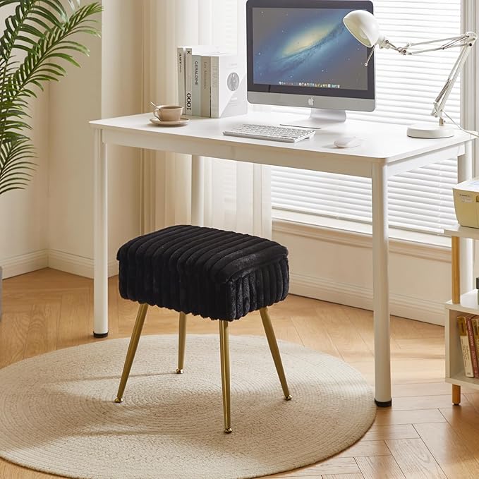 Vanity Stool with Storage, Faux Fur Vanity Chair, Footrest Ottoman, Multifunctional Makeup Vanity Chair for Bedroom Black YD-MS151B