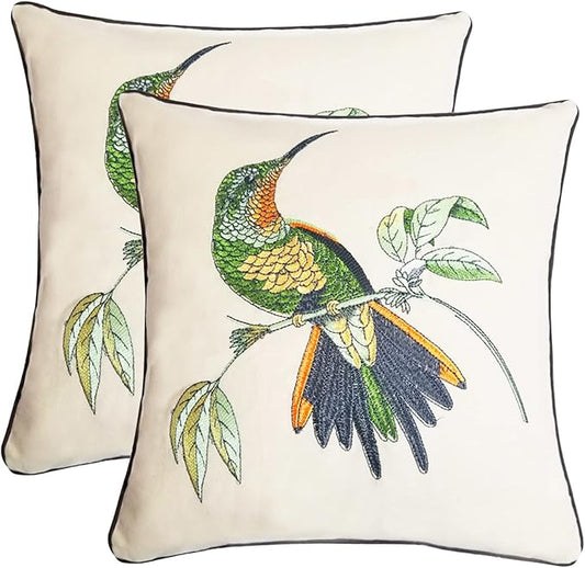 Set of 2 Embroidered Decorative Throw Pillow Covers Couch Square Pillowcases Cushion for Bedroom Sofa Farmhouse Decor 18x18 Inch (Hummingbird)