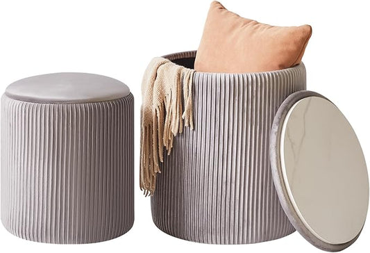 IBUYKE Round Ottoman with Storage Set of 2 Boucle Ottoman End Table for Living Room Vanity Stool Velvet Footrest Stool Bar Stool Grey UWBD005G
