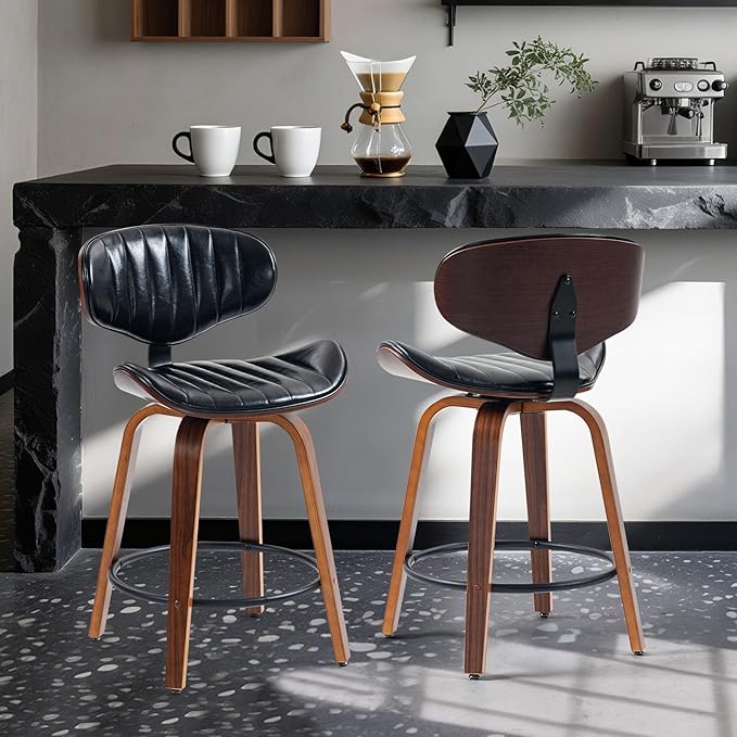 Bar Stools Set of 3, 24 inch PU Leather Wooden Bentwood Barstools Swivel Counter Height Modern Breakfast Bar Chairs with Backrest and Footrest for Kitchen Island, Dining Room D035-Black-3