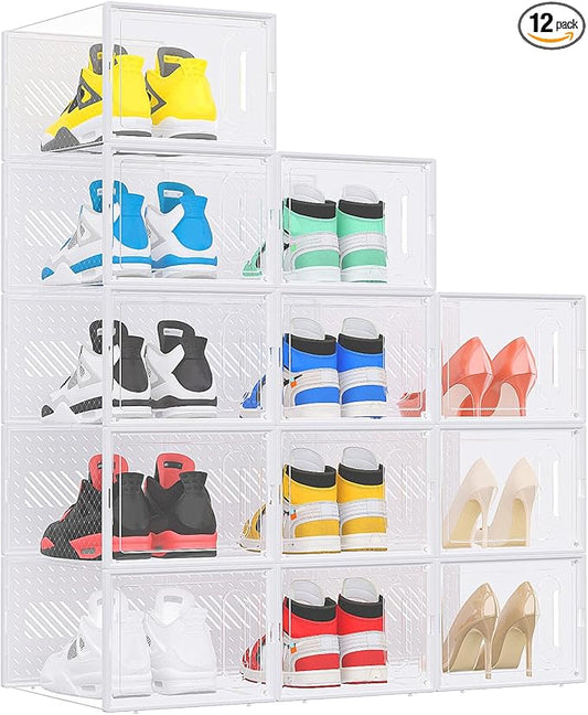 eWonLife Large Shoe Organizer Storage Box with Magnetic Door,12 Pack Clear Plastic Stackable Sneaker Containers for Closet, Connect Left and Right Shoe Box for Entryway, Drop Front, Under Bed (White)