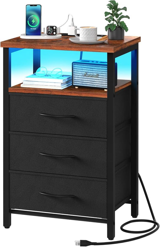 Yoobure Night Stand with Charging Station, 3 Fabric Drawers Nightstand, Bedside Tables with Storage Shelf, End Table with 16 Colors LED, Small Dresser for Small Space
