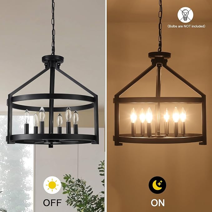 Black Farmhouse Chandelier for Dining Room,6-Light Modern Hanging Drum Chandeliers,20" Rustic Convertible Semi Flush Mount Ceiling Pendant Light Fixture for Kitchen Island Foyer Entryway Bedroom