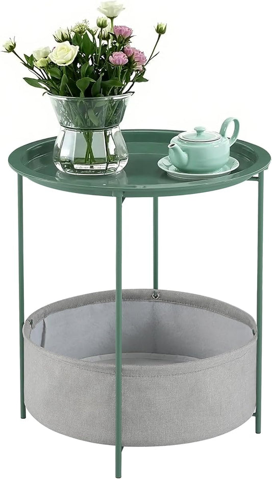 VECELO Round Side/End Table with Fabric Storage Basket，Metal Anti-Rust and Waterproof Small Bedside Nightstand with Removable Tray Top for Living Room，Balcony & Laundry，Dark Green /1pcs with Basket