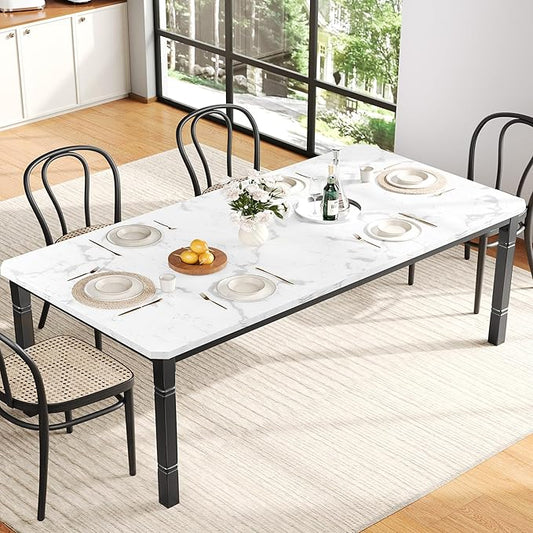 Garvee Large Dining Table for 6-8 People, 79" Wooden Kitchen Table with Sturdy Metal Frame, Dining Room Table for Dining Room, Kitchen, Black Leg & Marble White