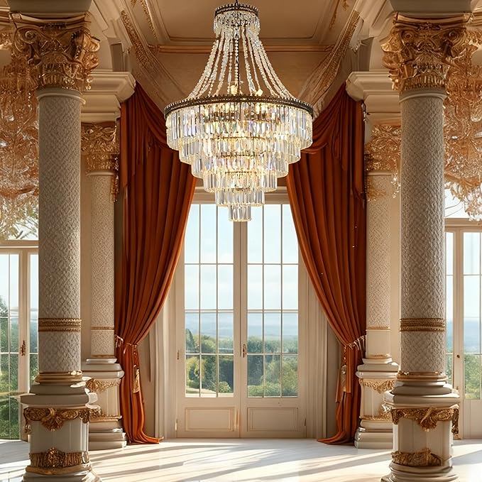 French Empire Crystal Chandelier Antique Bronze Vintage Pendant Light Large Farmhouse Chandeliers Ideal for High-Ceiling Stairwells,Entryways,Dining Room Living Room W31 × H47