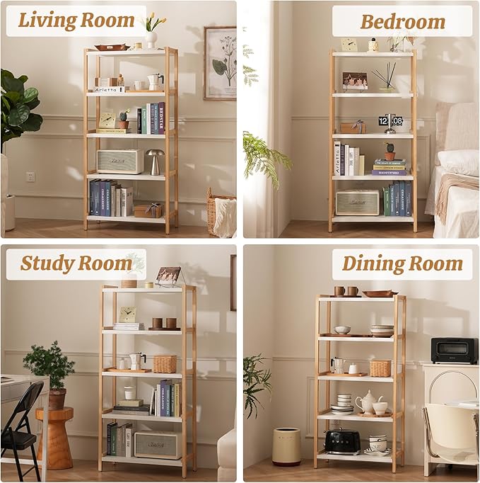 5 Tier Book Shelf- Bamboo Bookcase with Storage, Industrial Bookshelf & Wooden Open Shelves, Modern Bookshelves for Living Room, Bedroom, Office, Natural White